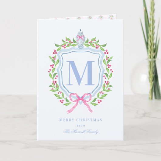 Ginger Jar & Christmas Berries Monogram Foto Kaart (Voorkant)