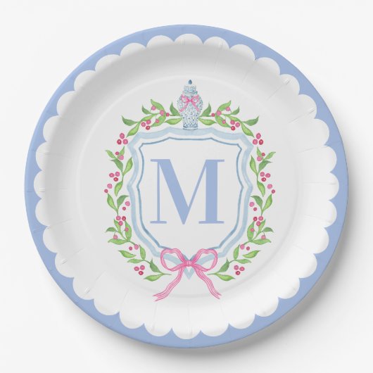 Ginger Jar & Christmas Berries Monogram Scalloped Papieren Bordje (Voorkant)