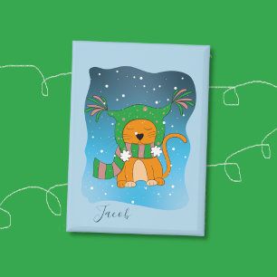 Ginger Kat In De Sneeuw Blauwe Kind Winter Knop Button