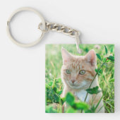 Ginger Kat met groene ogen in gras Sleutelhanger (Voorkant)