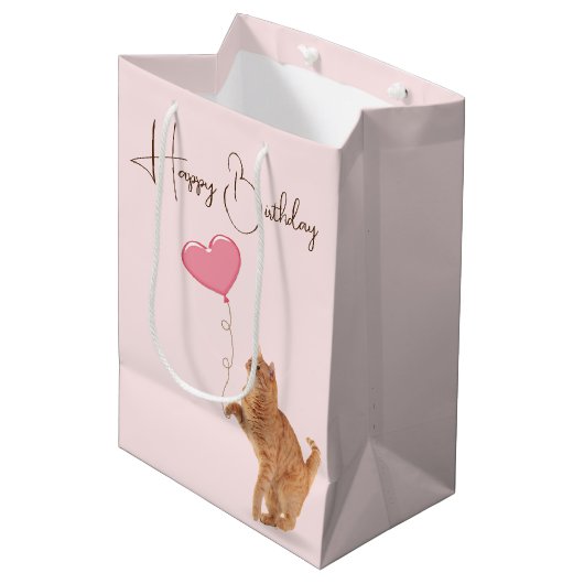 Ginger kat met roze hart ballon medium cadeauzakje (Voorkant Gekanteld)
