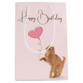 Ginger kat met roze hart ballon medium cadeauzakje (Voorkant)