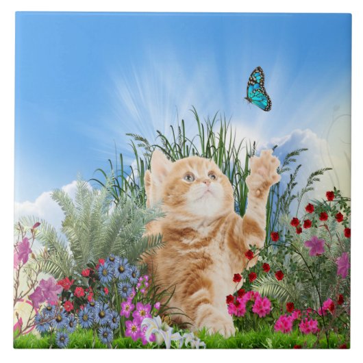 Ginger kitten die met een vlinder spelen tegeltje (Voorkant)