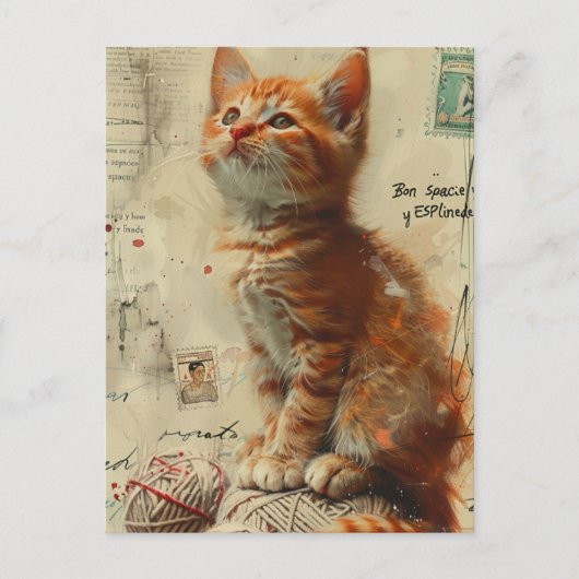 Ginger Kitten Garen Collage Gemengde media Briefkaart (Voorkant)