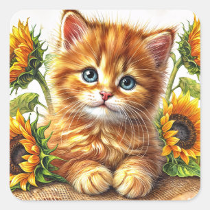 Ginger Kitten onder Zonnebloemen Art Vierkante Sticker