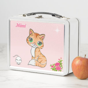 Ginger kitty cat, bloemen, muis en ster op roze