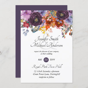 Ginger Paars najaar Herfst Floral Wedding Invites Kaart