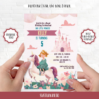 Ginger Princess Riding Unicorn Party Uitnodiging