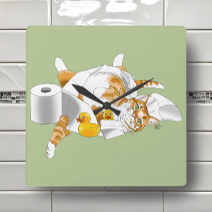 Ginger Sinaasappel Cat Funny Toilet Papier Vierkante Klok