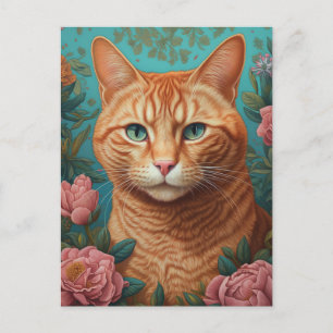 Ginger Tabby Kat en Pioenen Briefkaart