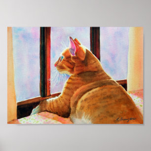 Ginger Tabby op Floral Tablecloth Poster