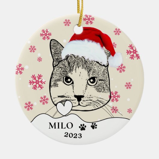 Ginger Witte Kat Gepersonaliseerde Hand Tekening Keramisch Ornament (Voorkant)