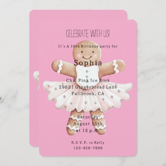 Gingerbread Ballerina Roze Verjaardag Kaart (Voorkant / Achterkant)