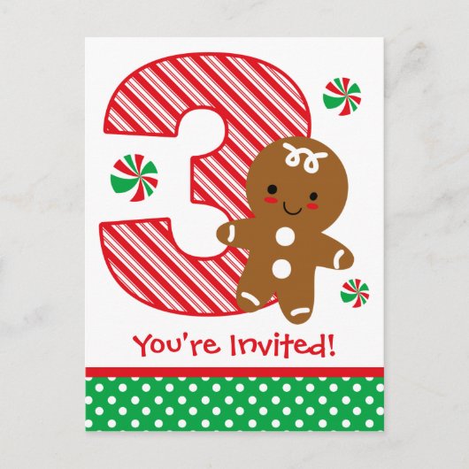 Gingerbread Boy 3rd Birthday Invitation Uitnodiging Briefkaart (Voorkant)