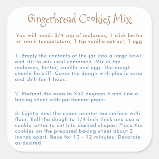 Gingerbread Cookies Mix Instructies Vierkante Sticker (Voorkant)