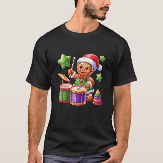 Gingerbread Drummer Candy Cane Christmas Fun T-shirt (Voorkant)