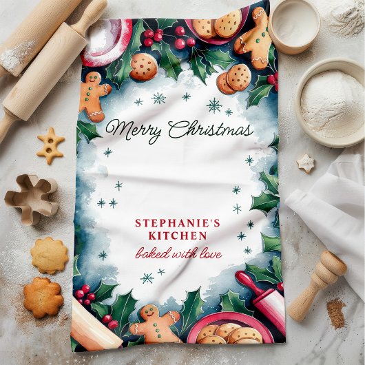 Gingerbread en Holly Merry Christmas gepersonalise Theedoek