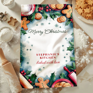 Gingerbread en Holly Merry Christmas gepersonalise Theedoek