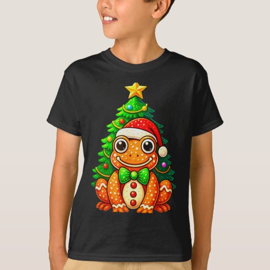 Gingerbread Frog Wearing Santa Hat Christmas Tree T-shirt (Voorkant)