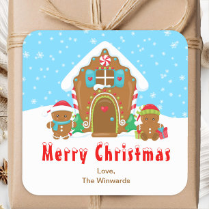 Gingerbread House Blauw en Rood Vrolijk Kerstfeest Vierkante Sticker