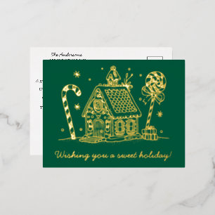 Gingerbread House Candy Cane Green Folie Feestdagen Briefkaart