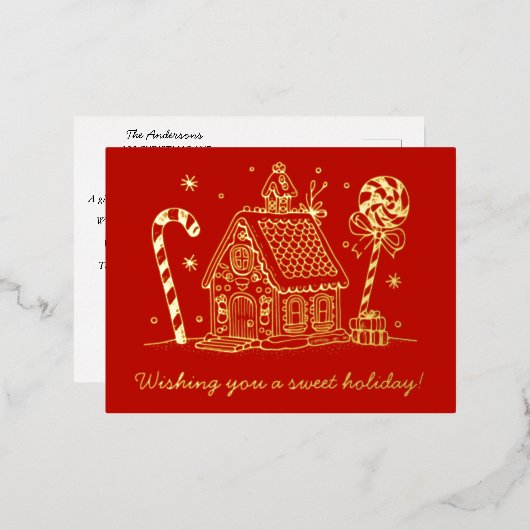 Gingerbread House | Candy Cane Red Folie Feestdagen Briefkaart (Voorkant / Achterkant)