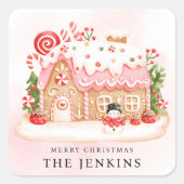 Gingerbread House Kerstfeest Favor Vierkante Sticker (Voorkant)