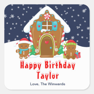 Gingerbread House Marine en Red Happy Birthday Vierkante Sticker