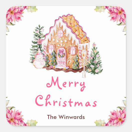 Gingerbread House Pink Merry Christmas Vierkante Sticker (Voorkant)