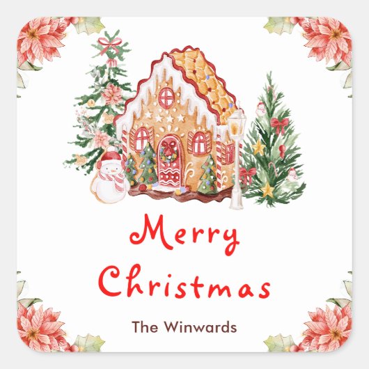 Gingerbread House Red Merry Christmas Vierkante Sticker (Voorkant)