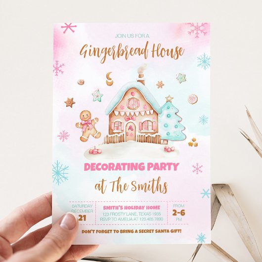 Gingerbread House Roze Kerstmis Decorating Party Kaart