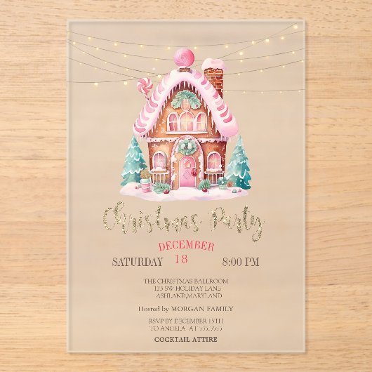 Gingerbread House String Lights Kerstmis Acryl Uitnodigingen (Voorkant)