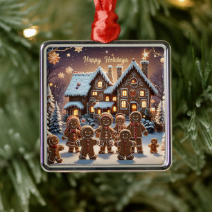 Gingerbread huis en schattige peperkoek familie metalen ornament