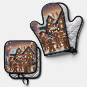 Gingerbread huis en schattige peperkoek familie ovenwant & pannenlap set (Voorkant / Achterkant)