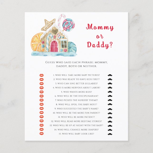 Gingerbread huis mama of papa baby shower spel (Voorkant)
