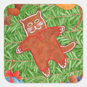 GINGERBREAD KAT Grote Vierkante Stickers