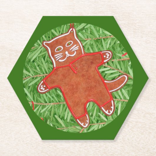 GINGERBREAD KAT Hexagon Papier Onderzetters / Groe (Voorkant)