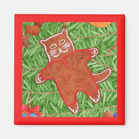 GINGERBREAD KAT vierkante magneet / rood (Voorkant)