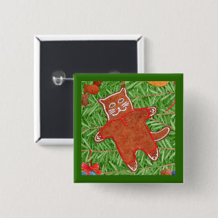 GINGERBREAD KAT Vierkante Pin Button / Groen