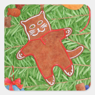GINGERBREAD KITTY Stickers petit Carré