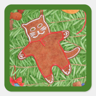 GINGERBREAD KITTY Stickers petit Carré / Vert