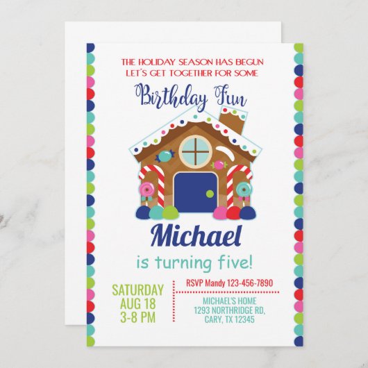 Gingerbread maison de Noël invitation garçon. (Devant / Derrière)