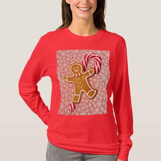 Gingerbread Man and Candy Cane Art on T-Shirt (Voorkant)