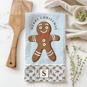 Gingerbread Man Blauw Monogram Vrolijk Kerstfeest Theedoek