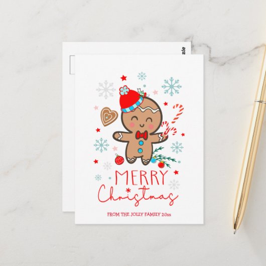 Gingerbread Man Cookie Sneeuwvlokken Vrolijk Kerst Briefkaart (Voorkant / Achterkant in situ)