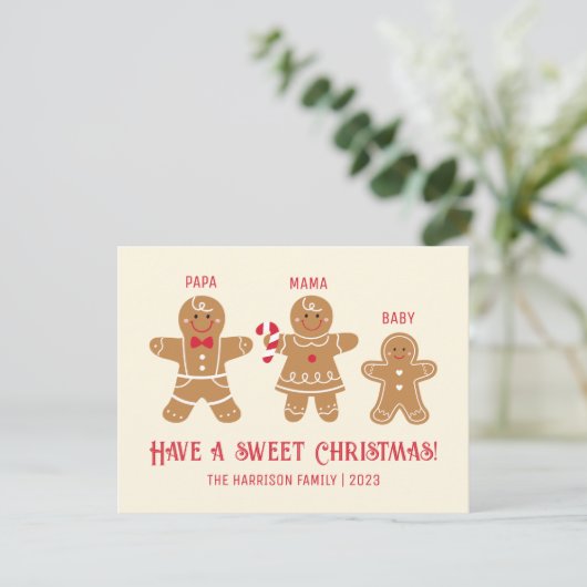 Gingerbread Man Cookies Familienaam Kerstmis Briefkaart (Staand voorkant)