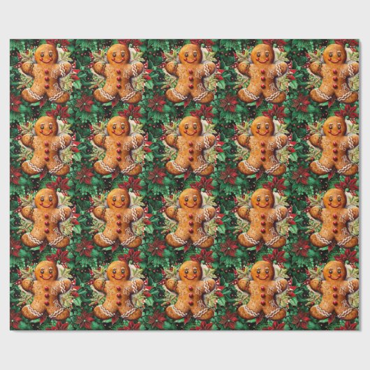 Gingerbread Man en Poinsettias Kerstklassiekers Cadeaupapier (Vlak)