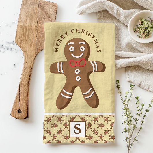Gingerbread Man Geel Monogram Vrolijk Kerstfeest Theedoek