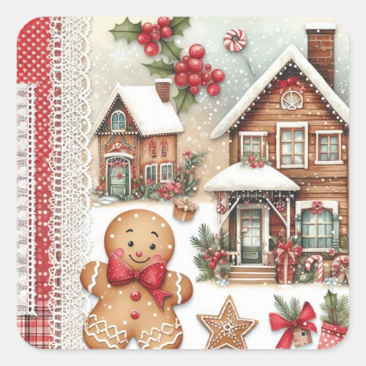 Gingerbread Man Gingerbread House Vierkante Sticker (Voorkant)