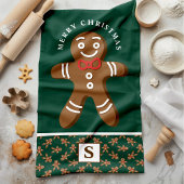 Gingerbread Man Green Monogram Vrolijk Kerstfeest Theedoek
